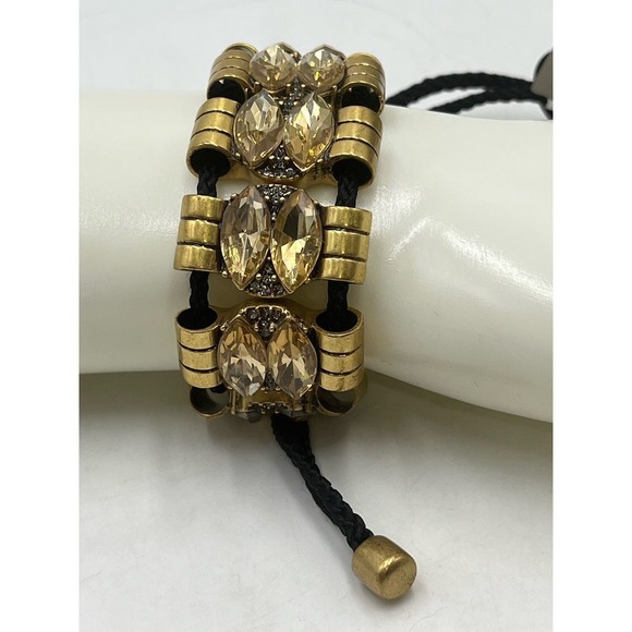 J. Crew Amber Color Rhinestone‎ Gold Tone Black Toggle Adjustable Bracelet - Picture 2 of 14